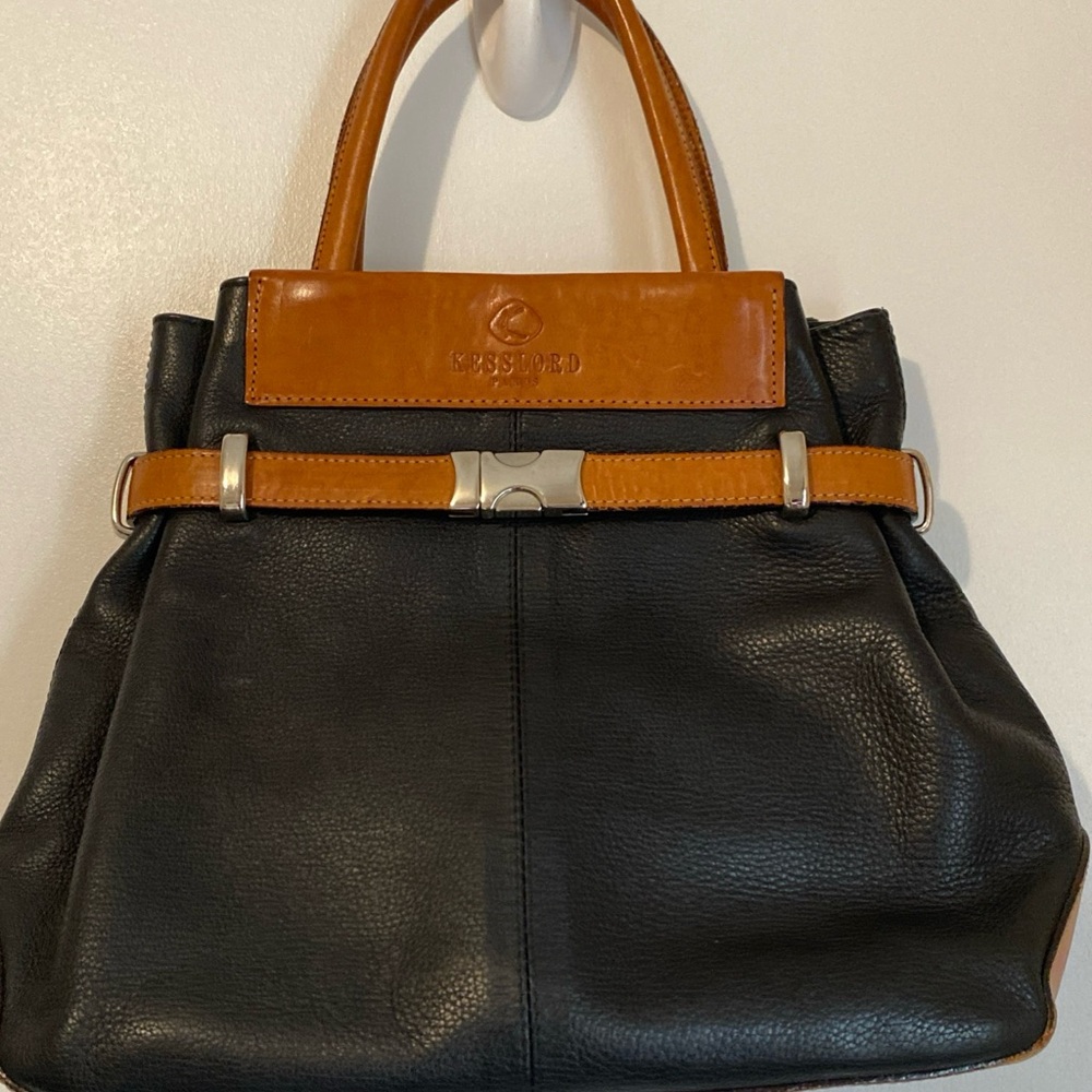 Vintage Kesslord Paris Black and Tan Leather Satchel